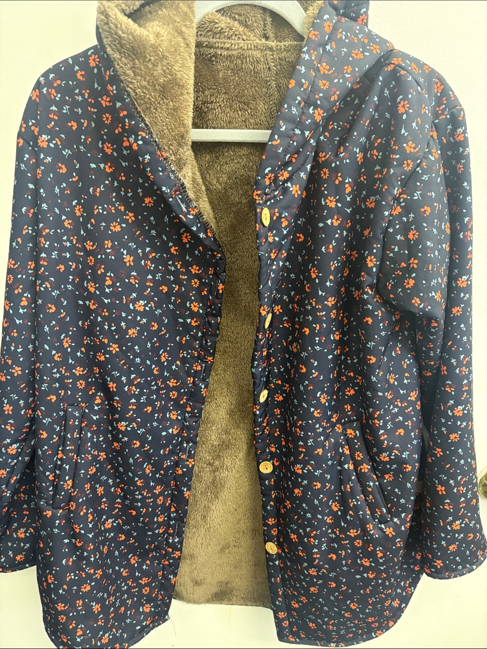 Women's Navy Floral Hooded Coat with Faux Fur Lining